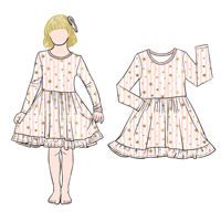 Robe tourbillon à manches longues et col rond pour enfants Little Glow, style doux, motif étoiles, en fibre de protéine de lait brossée respirante, vente en gros
