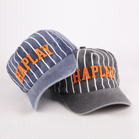 Casquette de baseball vintage sportive personnalisée en coton lavé, non doublée, à 5 panneaux, à bord court, imprimée à rayures fines et broderie de lettres
