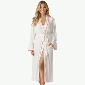 Women's Bathrobe For Women 100% Cotton Bulk Personalized Soft Bamboo Ladies Bathrobes with Pink Crochet Trim Accent - Product Image 1