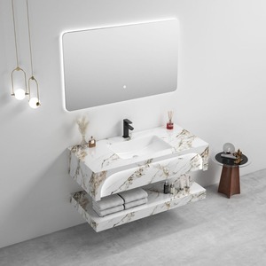 Mueble de Baño Suspendido con Doble Lavabo, Encimera de Losa Blanca y Espejo LED - Product Image 2