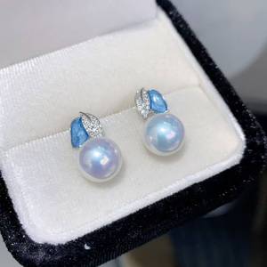 factory wholesale New Blue Enamel Leaf Zircon Pearl <b>Drops</b> 11-11.5mm Near Round Bright Luster Freshwater Pearl <b>Silver</b> <b>Earrings</b> - Product Image 1