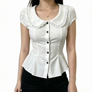 Blusa Blanca para Mujer con Cuello Peter Pan, Manga Corta, Botones, Plisada, de Algodón, Color Sólido, Informal, para Uso Diario - Product Image 1