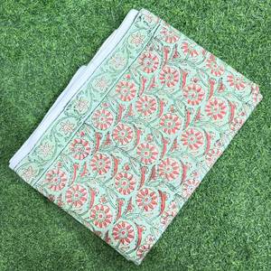 Tela de Algodón Puro Estampada a Mano con Diseño Floral en Verde Menta Claro y Rosa Coral, Estampado Artesanal - Product Image 4