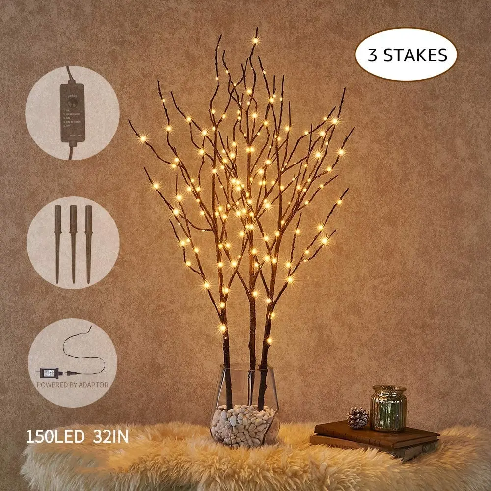 3 Pack Pre Lit Artificial Brown Twig Branch with Fairy Lights 32in 150 LED Plug in Lighted Willow Branch for Christmas Easter