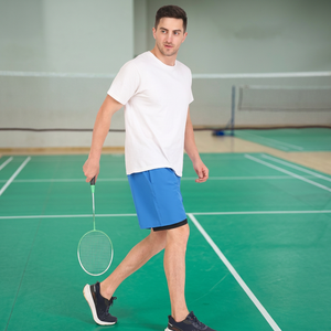 Shorts d'été sportifs bleus unis pour hommes, très demandés, à séchage rapide, taille élastique, longueur Bermuda en tissu éponge, tricotés, personnalisables, fabriqués en Inde - Product Image 1