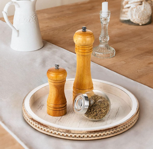 Plateau décoratif rond en bois blanc à perles lavées de style campagnard Plateau à café décoratif pour table - Product Image 6