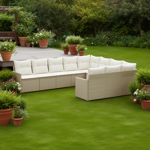 Conjunto de Sofás Modulares de Ratán Sintético PE Beige para Jardín, Muebles de Exterior Cómodos, Diseño Contemporáneo, Cojines de Espuma de Alta Densidad - Product Image 2