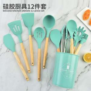 Ensemble d'ustensiles de cuisine en silicone à manche en bois, 12 pièces, spatule et cuillère à soupe, qualité alimentaire, résistant aux hautes températures, vente chaude - Product Image 4