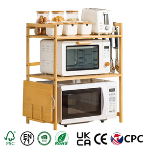 Scaffale Multifunzionale a 2 Ripiani in Bambù per Microonde, Supporto da Cucina in <span class=keywords><strong>Legno</strong></span> con 4 Ganci - Product Image 1
