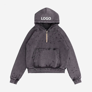 Biểu tượng tùy chỉnh cổ điển Zip Up axit rửa đau khổ hoodie cho nam giới thời trang dạo phố thêu in ấn thiết kế trống đau khổ Hoodie - Product Image 4