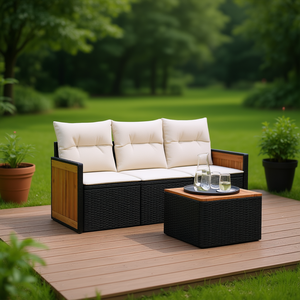 Ensemble de canapés de jardin en rotin noir avec structure en acier et meubles d'extérieur en bois d'acacia, 3 places, design contemporain - Product Image 2