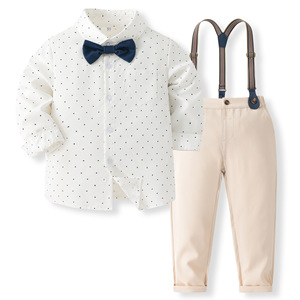 Catpapa Vente en gros Ensemble de cérémonie pour garçons : Chemise à pois, Nœud papillon, Pantalon à bretelles – Tenue de mariage pour enfant - Product Image 1