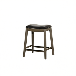 Tabouret de bar à hauteur de comptoir, 24 pouces, base en bois gris vieilli, assise en cuir noir, pour bars - Product Image 1