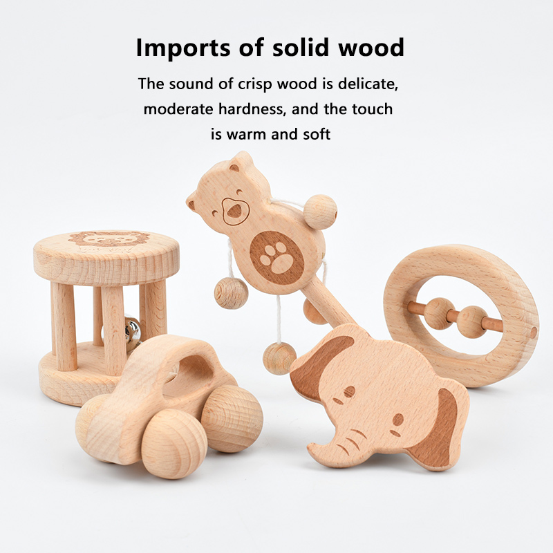 5 Pcs Set Storage portable Gift Box Wood Color Rattle Set Baby Rattle Baby Wooden Toys Hand Bells