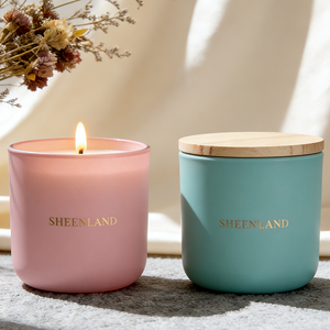 Vente en gros de porte-bougie en verre mat coloré créatif avec un bocal en verre vide à large ouverture et un couvercle en <span class=keywords><strong>bois</strong></span> - Product Image 1