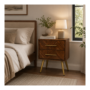 Contemporary Wooden Nightstand 2 Drawer <b>Bedside</b> <b>Table</b> Chevron Front OEM ODM Custom Supplier Direct Supply Bedroom Furniture - Product Image 1