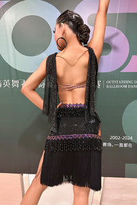 Robe <span class=keywords><strong>de</strong></span> compétition <span class=keywords><strong>de</strong></span> danse latine VENNY avec jupe à franges en diamant, robe professionnelle pour examen <span class=keywords><strong>artistique</strong></span>, sur mesure en spandex/coton - Product Image 5