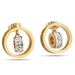 Crystal <b>Stud</b> <b>Earrings</b> Gold Steel Color 15MM Round Hollow Geometric Design Channel Setting Everyday Wear - Product Image 1