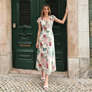 French Oil Painting Style Vintage Floral Print Ruched V Neck <b>Tie</b> Ruffle Sleeve Elegant Slim Fit Bodycon Long Maxi Dress - Product Image 2