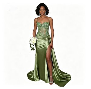 Nouvelle <span class=keywords><strong>robe</strong></span> <span class=keywords><strong>de</strong></span> bal longue sirène unie pour femme, sexy, à fines bretelles, avec appliques en dentelle, robes <span class=keywords><strong>de</strong></span> soirée élégantes à fente latérale - Product Image 2