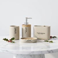 Juego de Baño de Resina de Imitación Piedra Beige Personalizado, Fabricante OEM de Poliresina, Kit Dispensador de Jabón Redondo de 4 Piezas para Compradores de Hoteles