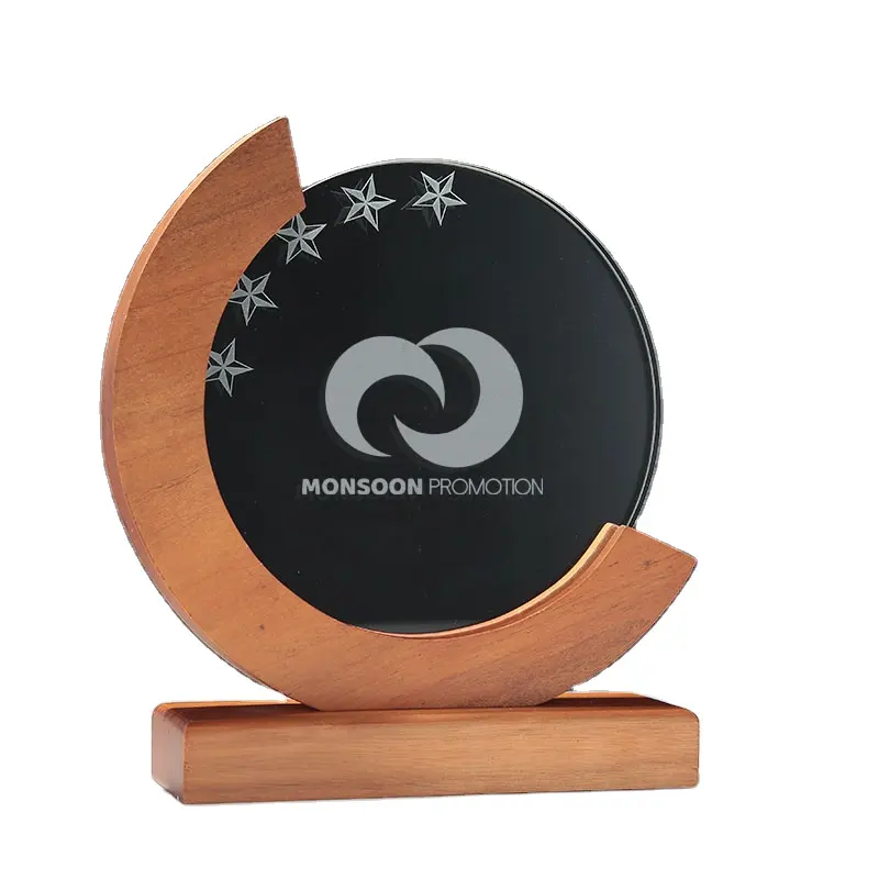Yuvarlak süblimasyon boş el yapımı kristal ödülleri güzel hediye kutusu paketi ile kazananlar için ahşap taban ile özel logo kupa