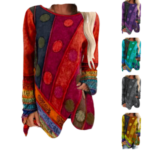 Robe pull tricotée décontractée à manches longues pour femme, imprimé vintage, coupe courte, ourlet long, col épaules dénudées, collection Printemps 2022 - Product Image 1