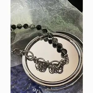 Personalidade Design original aço inoxidável colar banhado a prata HipHop cadeia colar preto redondo cristal gargantilha colar