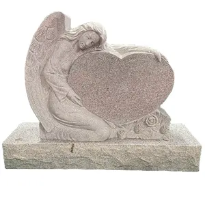 बिक्री पर!!! ग्रे ग्रेनाइट Mounument एकल दिल मूर्तिकला Angel क़ब्र का पत्थर नक्काशी के साथ गुलाब
