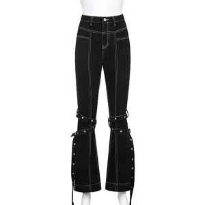 Yeni moda gotik Grunge siyah kot Hip Hop yüksek bel bandaj Streetwear perçin kot kadın