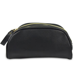 Pochette de maquillage noire à double fermeture éclair avec logo personnalisé, en PU et cuir, avec fermeture à glissière pour les pinceaux de maquillage de voyage - Product Image 1