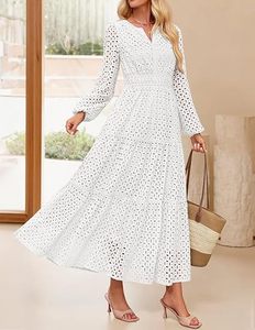Robe de mode pour femmes européennes et américaines, en dentelle, longueur ras du sol, col en V, ajourée, plissée, manches courtes, unie, brodée, coupe <span class=keywords><strong>Empire</strong></span> - Product Image 3