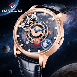 <span class=keywords><strong>Montre</strong></span> mécanique automatique de luxe HANBORO pour <span class=keywords><strong>homme</strong></span>, cadran Huit Planètes, fenêtre en verre, volant d'inertie de 22 mm, aiguille rotative - Product Image 1