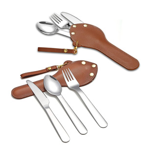 <b>Camping</b> PU leather cutlery bag keychain portable three-piece cutlery <b>storage</b> bag for students and outdoor travel - Product Image 1