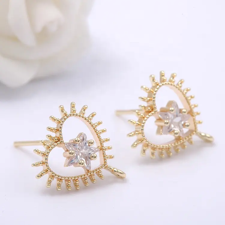 Fashion Jewelry Heart Pentagram Shape Inlaid Zircon 14K Gold Plated Stud Earrings DiyためWomen