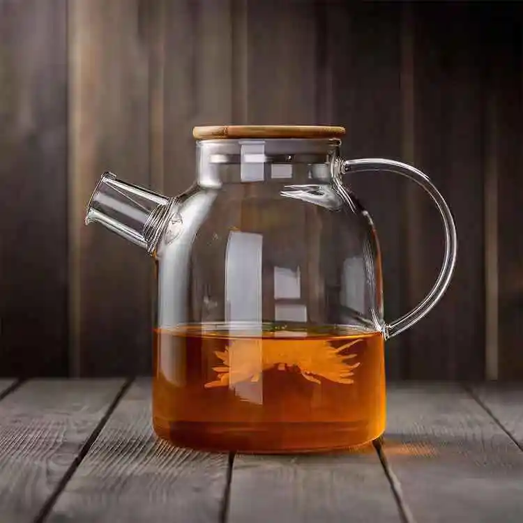 Большой Стеклянный пищевой прозрачный чайник 1000 мл, термостойкий стеклянный чайник из боросиликатного стекла с бамбуковой крышкой
