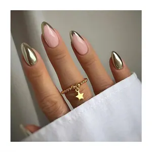 24Pcs Detachable Acrylic Press On Nail Gold Metallic French Almond Wearable Artificial Fake Nails Full Cover Nail Tips