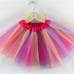 Cheap Summer 3 Layers Tulle Pink Rainbow Girls TuTu Skirts For 3-8 Year Old