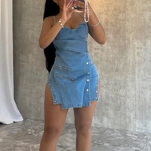<span class=keywords><strong>Vestido</strong></span> Mini de Mezclilla Y2K para <span class=keywords><strong>Mujer</strong></span>, Estilo Halter con Tiras, Espalda Descubierta, Irregular, Ajustado, Sexy, para <span class=keywords><strong>Verano</strong></span> - Product Image 1