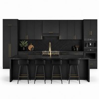 Meubles de cuisine de luxe discret noir mat, poignées or brossé, plan de travail en marbre noir, armoires modulaires à fermeture douce