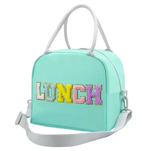 Benutzer definiertes Logo Personal isierte adrette Chenille Letters Lunch Cooler Bag Große isolierte Lunchbox für Frauen Mädchen