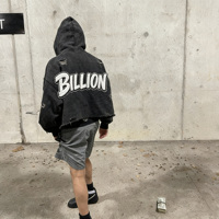 Sweat à capuche streetwear personnalisé surdimensionné, délavé à l'acide, effet soleil, avec appliques brodées et patchs, coupe courte pour homme