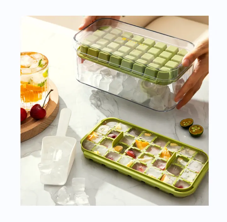 BPA Free Bulk Silicone Ice Cube Tray with Easy One-Press Button Release Lid Storage Bin and Mold for Freeze Ice Maker