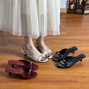 Polka Dot <b>Bow</b> Mules Women's Open Toe Slippers PU Material Summer Fashion Heeled <b>Shoes</b> - Product Image 1
