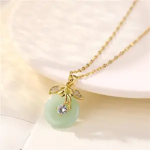 Round Natural Light Green Jade Necklace Stainless Steel Leaf Flower Agate Gemstone Necklace Jewelry
