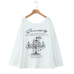 Happy Plus T-shirt imprimé à manches longues et épaules dénudées pour femme, haut en coton tricoté, grande taille, blanc N9183 - Product Image 3