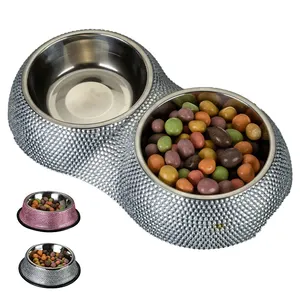 Kustom mewah baja tahan karat makanan mangkuk air untuk anjing hewan peliharaan anjing kucing mangkuk