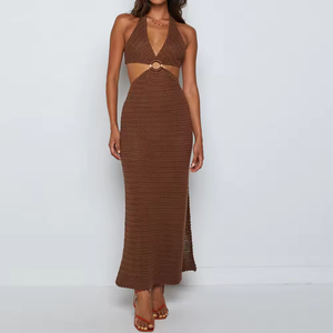 Verano nuevo ganchillo cuello en V Sexy cinturón sin cintura hendidura tejido playa falda Maxi mujeres suéter vestido - Product Image 6