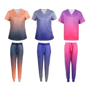 Simple V-neck medical scrubs uniforms set women 2 hidden side pockets hospital nursing medical scrubs for full functionality
