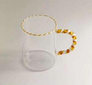Mug en verre transparent fait main avec poignée torsadée or et blanc, esthétique personnalisée, poignée en forme de canne à sucre, bordure dorée, tasse à café en verre - Product Image 1